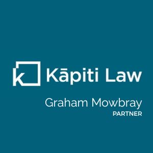 Modern law firm's logo for Kāpiti Law featuring Graham Mowbray, legal partner, emphasizing expertise in law services in the Kāpiti region.