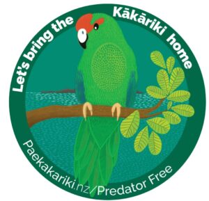 Let's bring the Kakariki home Paekakariki.nz/Predator-Free badge of the kakariki parrot sitting on a branch to promote the work of Predator Free Paekakariki