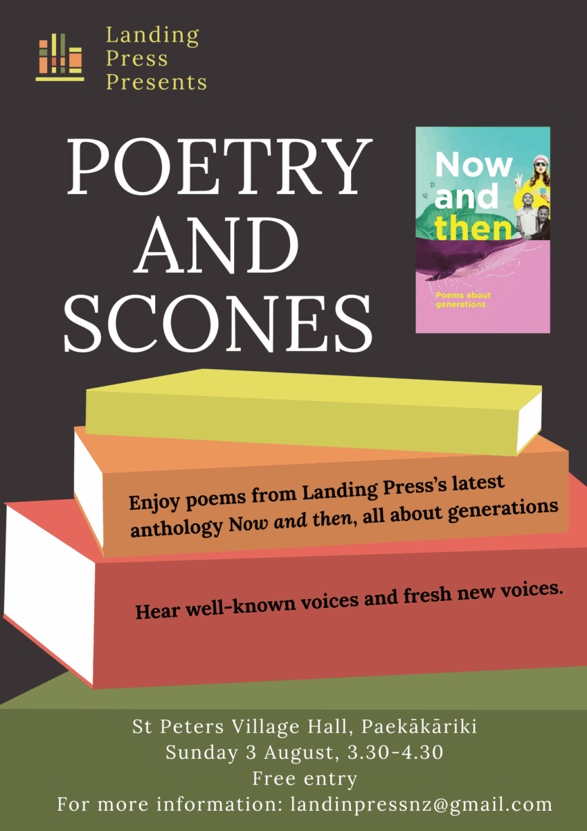 Poetry and community event poster featuring book stacks, promoting a poetry reading event at Paekākāriki, New Zealand, highlighting local voices and literary culture.